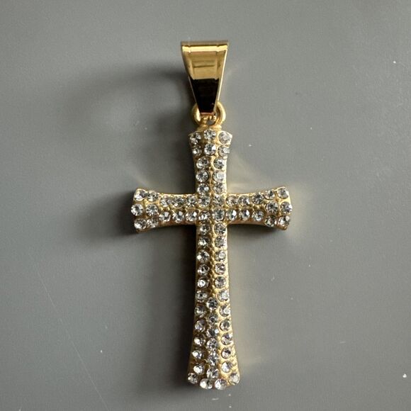 Cubic Zirconia Stainless Steel Cross Pendant Studded 24 Inch Necklace Gold Plate - Picture 1 of 6